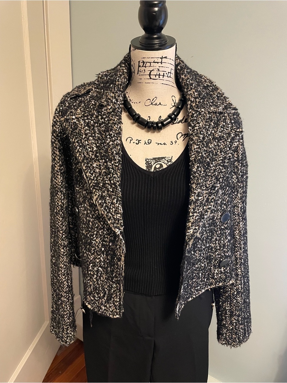 T Tahari Black and White Tweed Double-Breasted Pea Coat